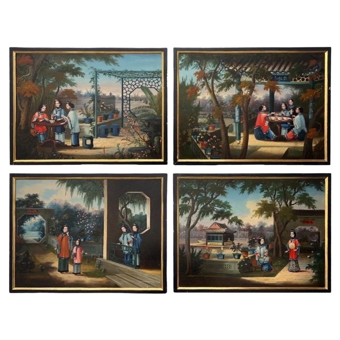 Set of 4 Rare Chinese Export Oil Paintings C. 1840 National Gallery Provenance: Set of 4 Rare Chinese Export Oil Paintings C. 1840 National Gallery Provenance This exquisite set of four Chinese Export oil paintings on canvas, dating back to the 1840s, showcases beautifully detail