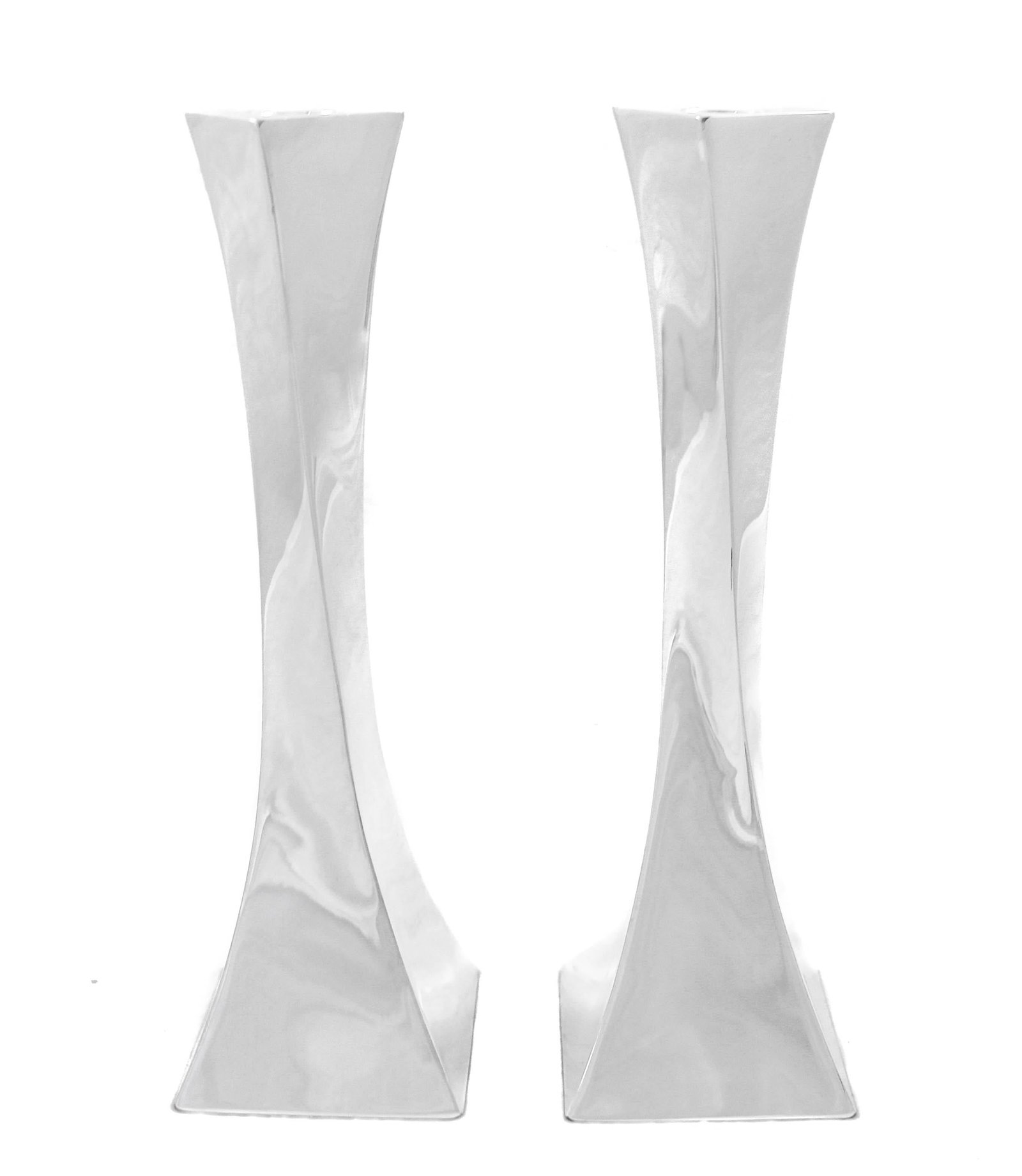 Antik Sterling Silver Modern Twisted Candlesticks Set of 2: Antik Sterling Silver Modern Twisted Candlesticks Set of 2 This striking pair of sterling silver candlesticks features a unique twisted body design, embodying a sleek and modern aesthetic. Each candle