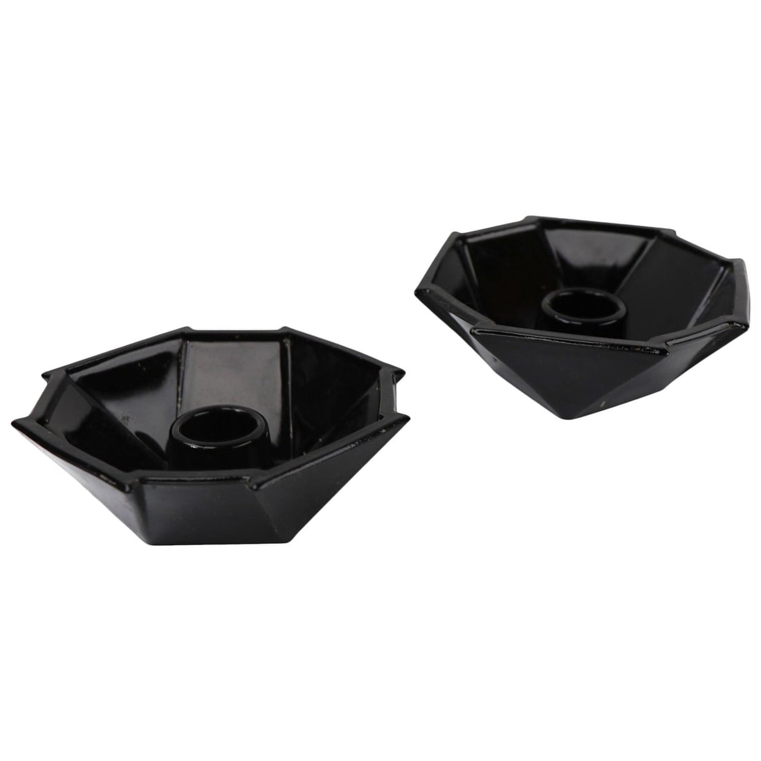 Art Deco Geometric Black Glass Candlesticks by Sakier - Pair: Art Deco Geometric Black Glass Candlesticks by Sakier - Pair This elegant pair of vintage octagonal geometric candlesticks showcases a striking black ebony glass finish, designed by George Sakier for