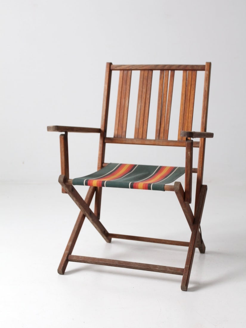 Mid-Century Wooden Folding Patio Chair with Green Canvas Seat (1 of 9)