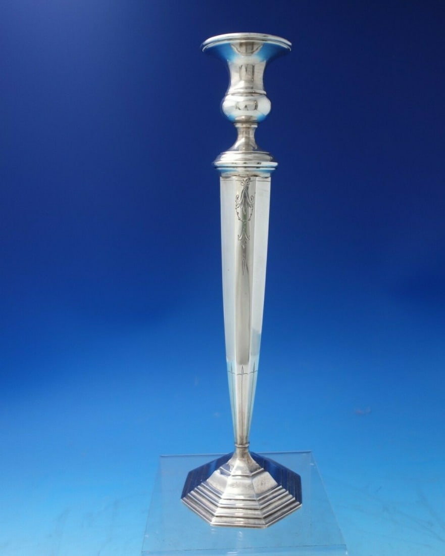 Webster Sterling Silver Bright-Cut Candlestick 12 inches c.1930: Webster Sterling Silver Bright-Cut Candlestick 12 inches c.1930 This stunning Webster candlestick, crafted from sterling silver and featuring a bright-cut design, dates back to circa 1930. Standing at