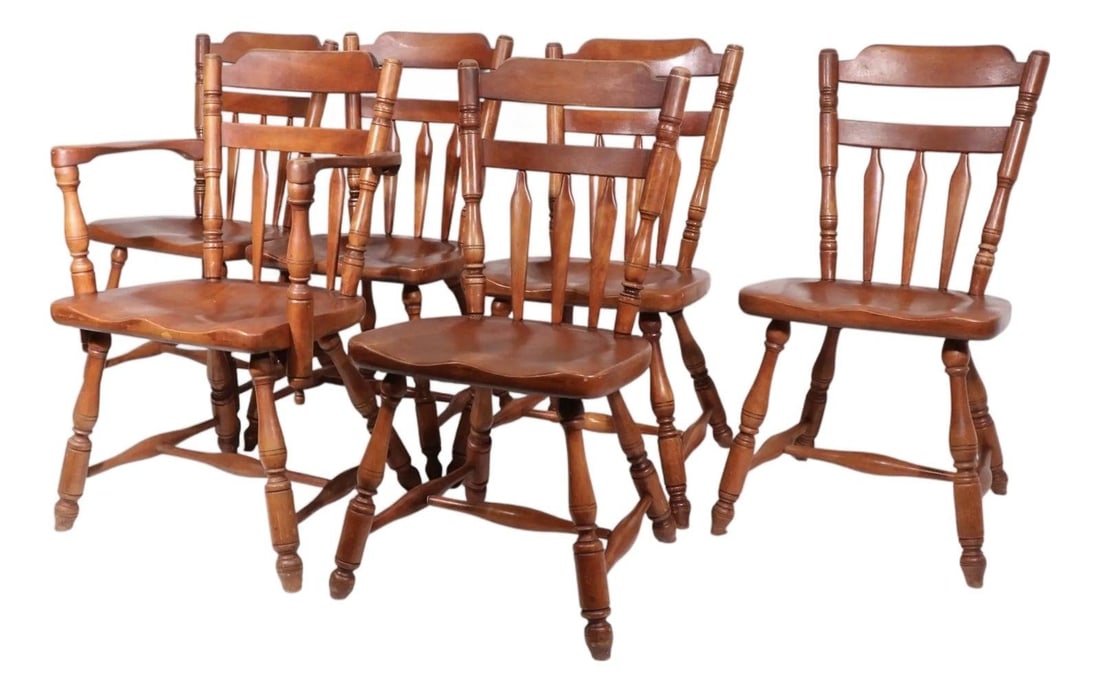 Vintage Set of 6 Cushman Colonial Maple Dining Chairs: Vintage Set of 6 Cushman Colonial Maple Dining Chairs This is a rare set of six Cushman Colonial Creations dining chairs, featuring five side chairs and one armchair. Crafted from solid maple, these c