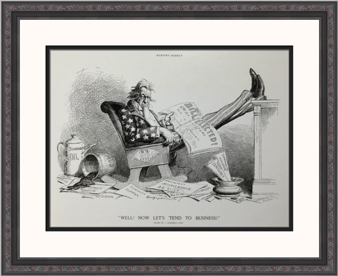 Harper's Weekly Theodore Roosevelt Lithograph in Custom 1" Black Frame: Harper's Weekly Theodore Roosevelt Lithograph in Custom 1" Black Frame This stunning lithographic print features Theodore Roosevelt as depicted in Harper's Weekly. The artwork is presented in a custom