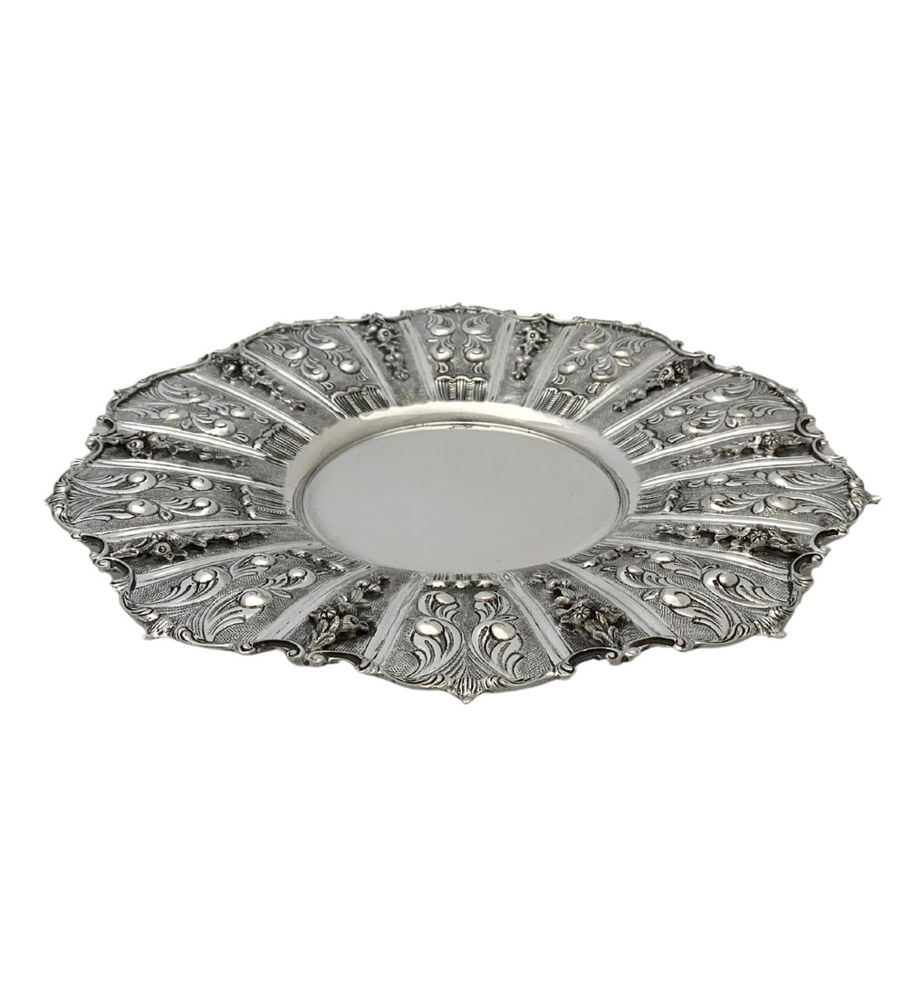 Handmade 925 Sterling Silver Floral Chased Round Tray 12.50 Inches (1 of 3)
