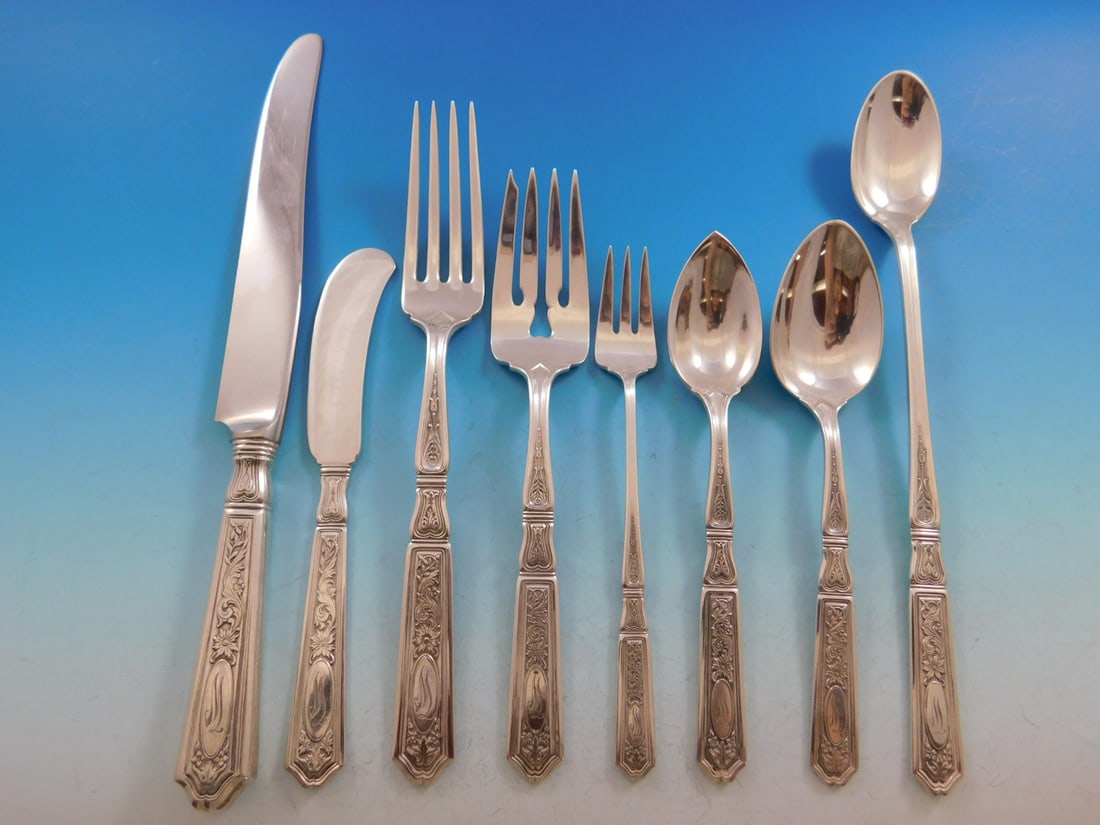 Gorham Saint Dunstan Chased Sterling Silver Flatware Set 72 pc Service for 8 with Monogram (1 of 9)