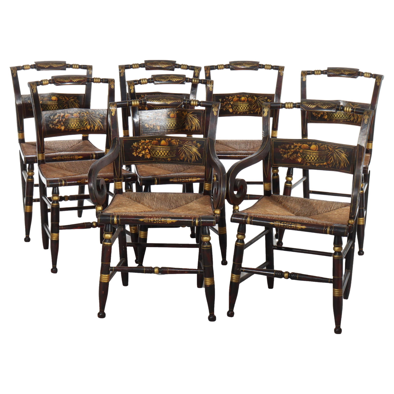 Set of 8 19thC Antique Hitchcock Ebonized Bow Back Dining Chairs (1 of 18)