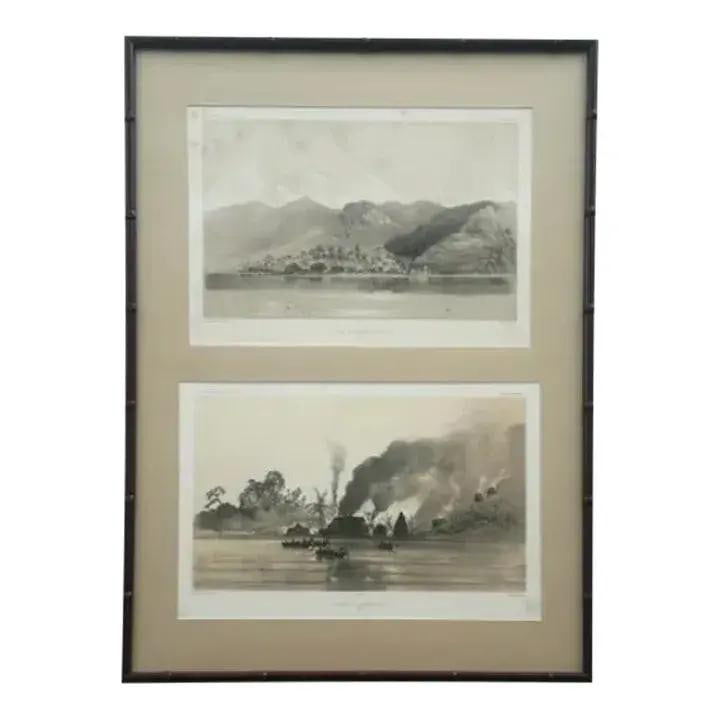Vintage Boho Framed Lithograph of Landscapes 23.5 x 31.5 Tan Art (1 of 6)