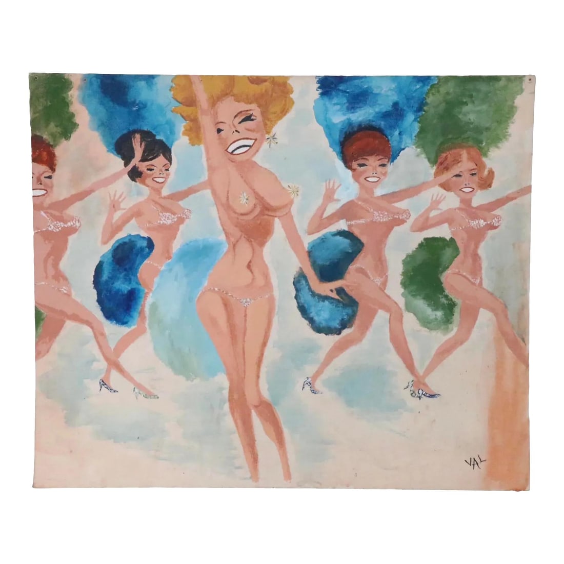 Colorful Outsider Art Painting of Risque Chorus Girls Signed VAL (1 of 7)
