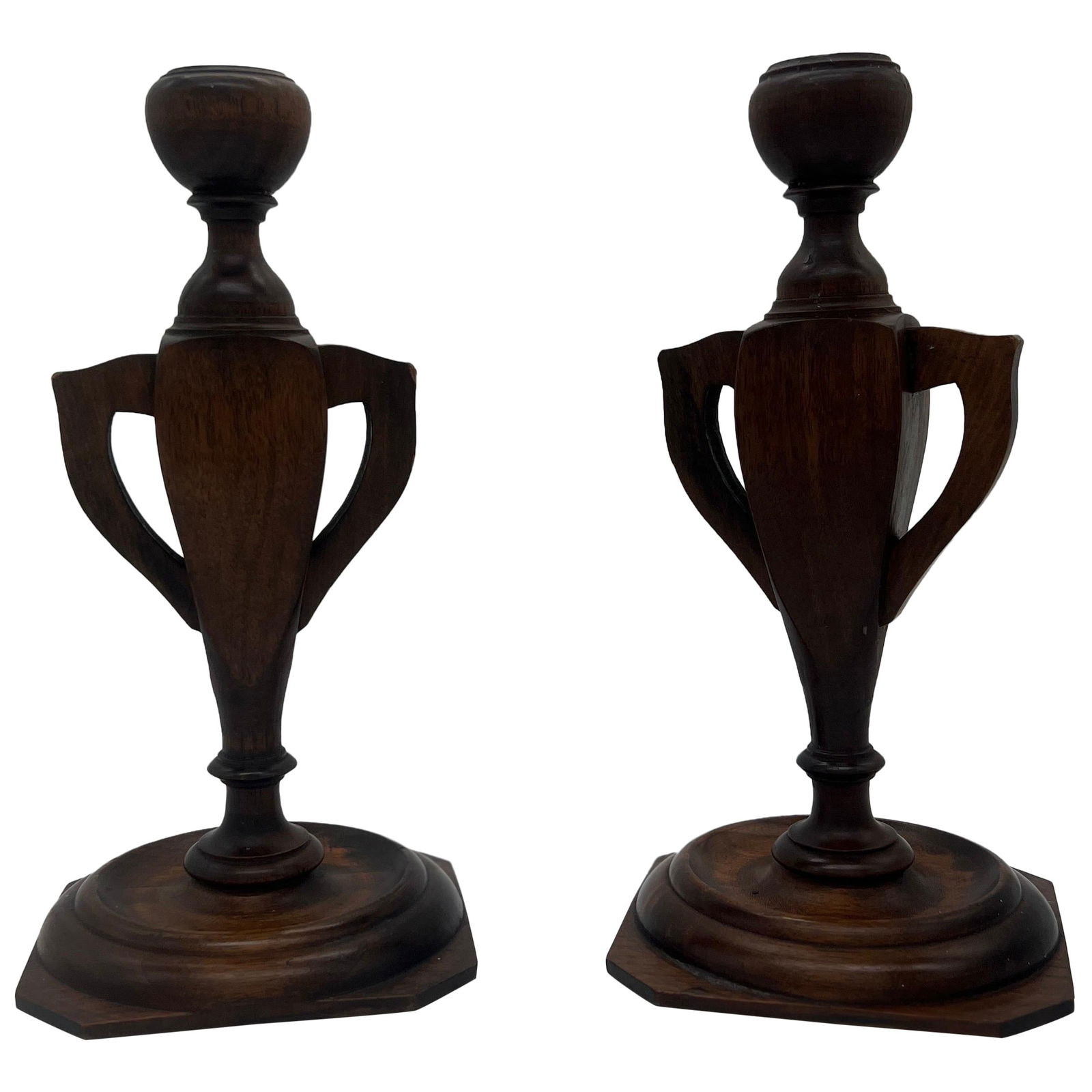 Set of 2 Arts and Crafts Trophy Urn Candlesticks Oak C. 1910: Set of 2 Arts and Crafts Trophy Urn Candlesticks Oak C. 1910 This exquisite pair of candlesticks showcases the Arts and Crafts style, featuring a distinctive trophy urn form. Crafted from oak, these c