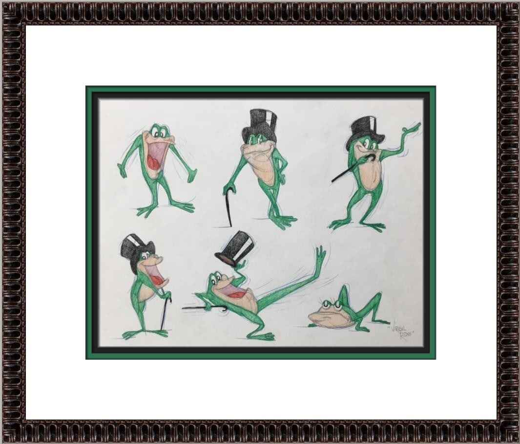 Virgil Ross Signed Model Sheet Drawing Michigan J Frog Framed Art: Virgil Ross Signed Model Sheet Drawing Michigan J Frog Framed Art This original signed model sheet drawing features the iconic character Michigan J Frog, illustrated by legendary animator Virgil Ross.