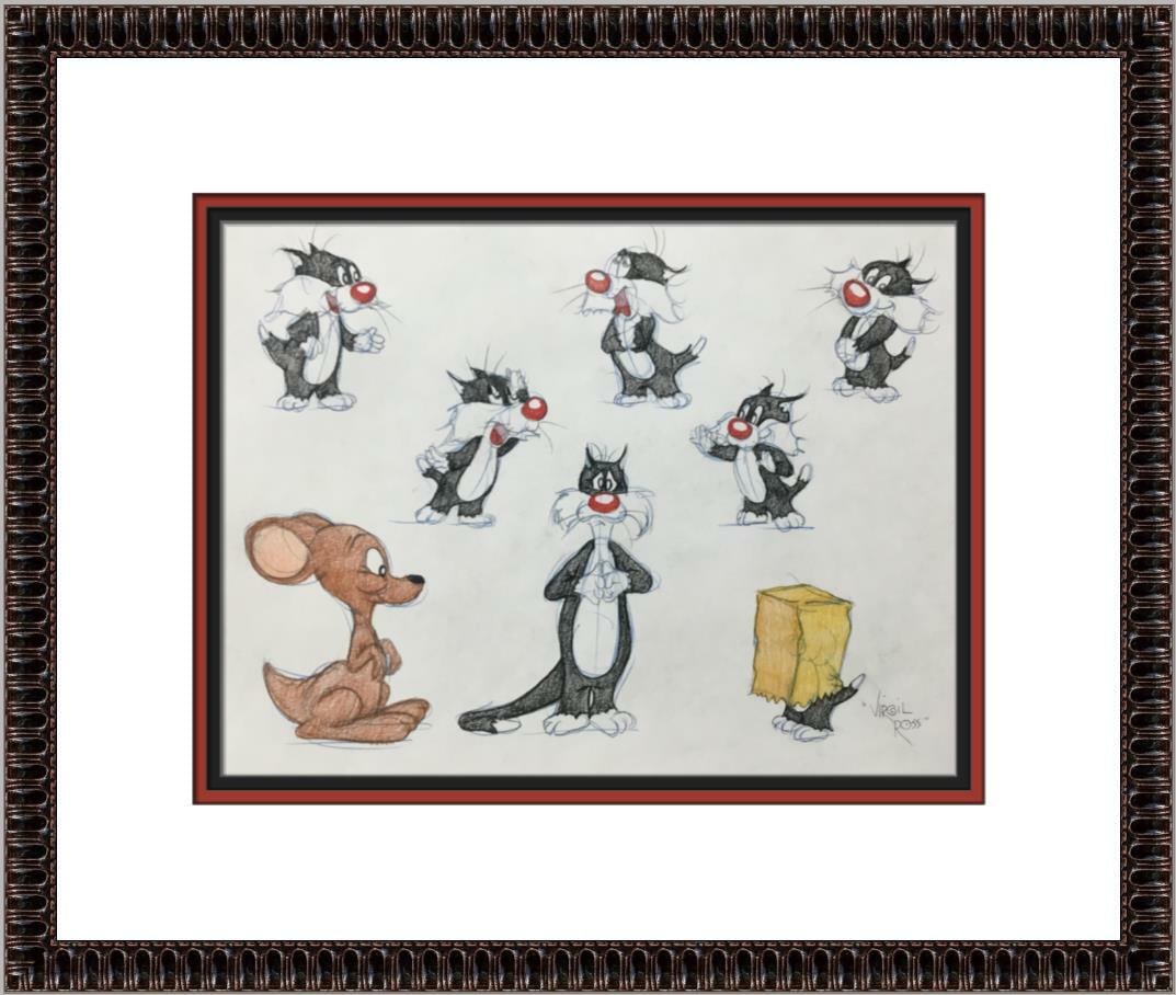 Virgil Ross Signed Sylvester Jr Model Sheet Custom Framed 1990s Warner Bros: Virgil Ross Signed Sylvester Jr Model Sheet Custom Framed 1990s Warner Bros This original signed model sheet drawing features iconic characters Sylvester Jr, Sylvester, and Hippety Hopper, illustrated