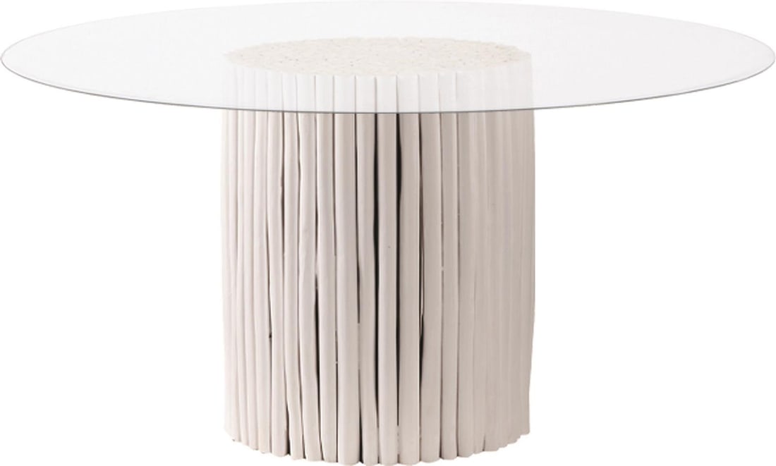 Modern Bertin Round Dining Table Glass Top Teak Wood Base (1 of 1)