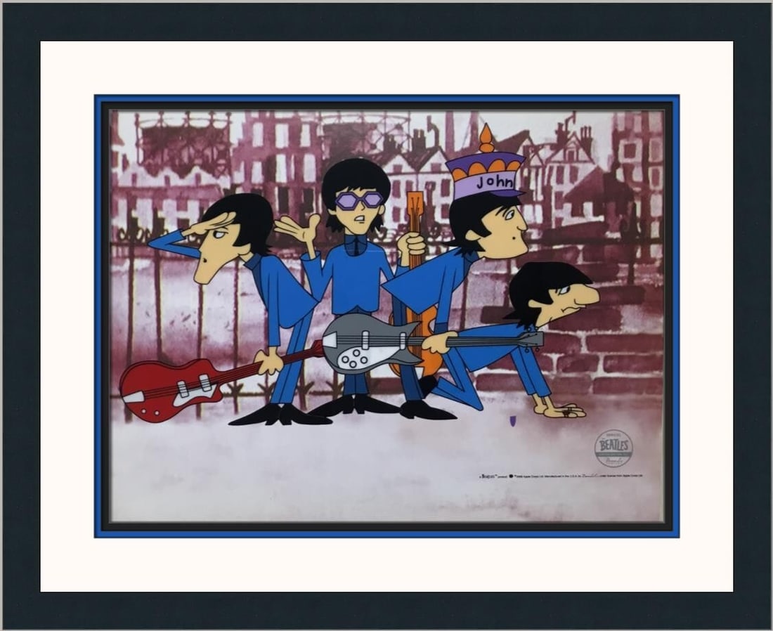 The Beatles Limited Edition Sericel Framed Artwork by DenniLu Co: The Beatles Limited Edition Sericel Framed Artwork by DenniLu Co This vibrant sericel features beloved characters from The Beatles, including John Lennon, Ringo Starr, Paul McCartney, and George Harri