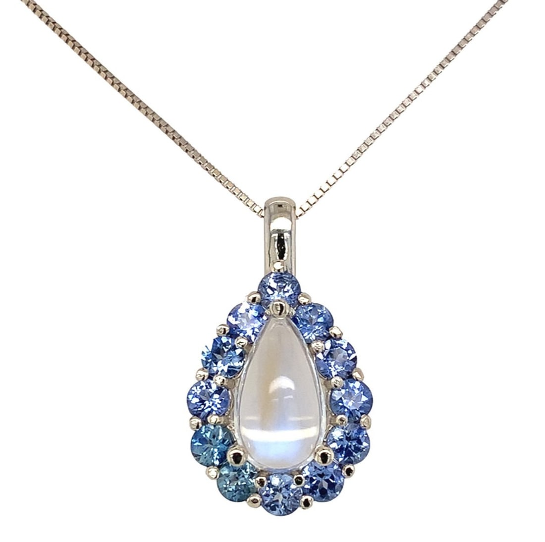 14k White Gold Pendant with 2.34ct Blue Flash Moonstone and Ceylon Sapphire: 14k White Gold Pendant with 2.34ct Blue Flash Moonstone and Ceylon Sapphire This exquisite pendant features a stunning 2.34 carat blue flash moonstone set in 14k white gold, accompanied by twelve natu