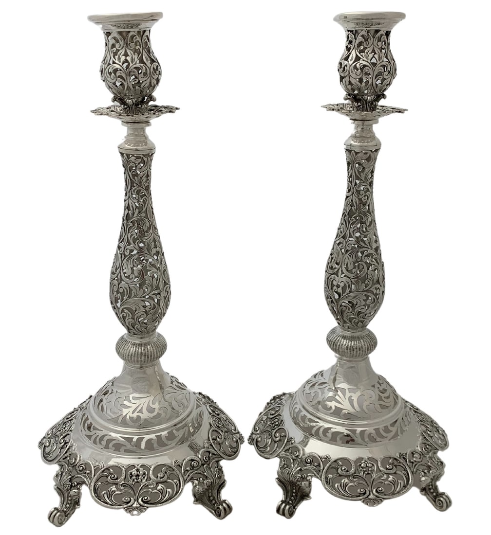 Ornate Handmade 925 Sterling Silver Floral Leaf Candlesticks 15.75 Inches: Ornate Handmade 925 Sterling Silver Floral Leaf Candlesticks 15.75 Inches Illuminate your space with these exquisite handmade chased floral leaf cut out candlesticks. Crafted from fine 925 sterling si