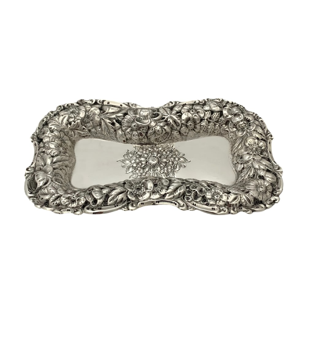 Antique 925 Sterling Silver Heavy Repousse Floral Engraved Tray 7.25 x 4.50 Inches (1 of 4)