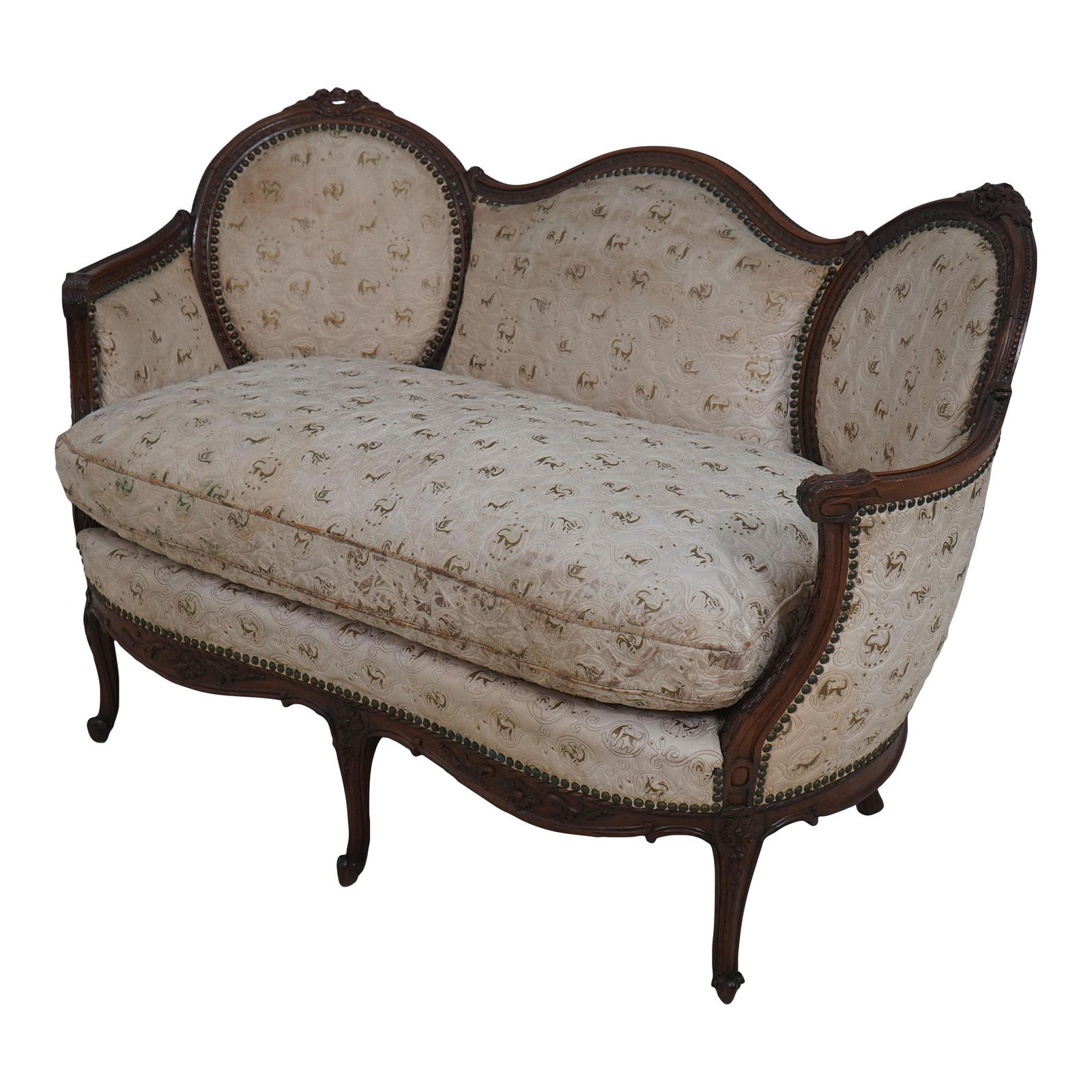 Vintage French Louis XV Carved Frame Settee 1930s Upholstered Design (1 of 10)