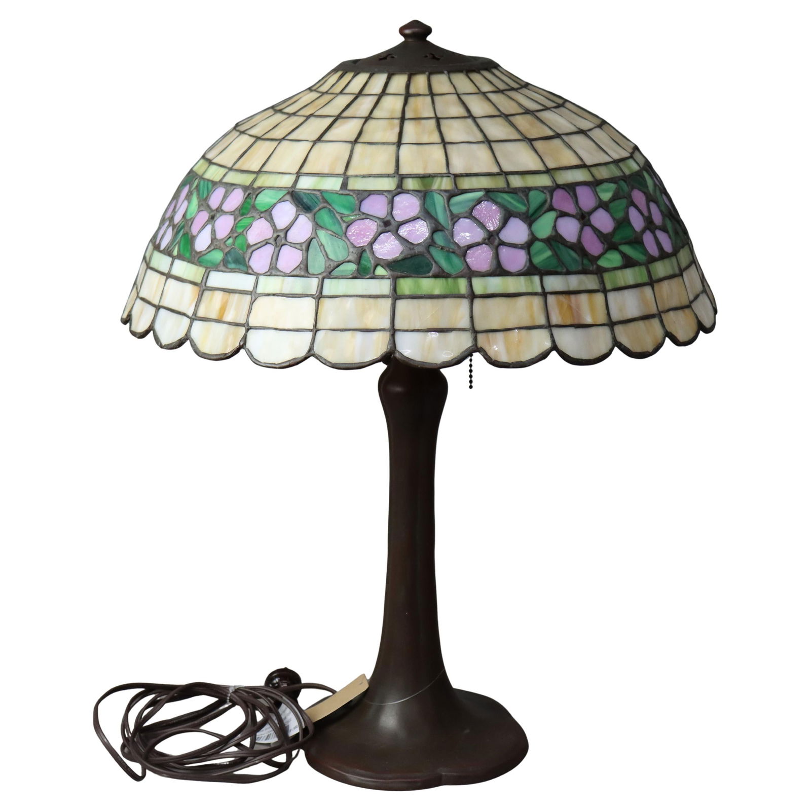 Antique Handel Bronze Lamp with Floral Leaded Glass Shade C1930 (1 of 4)