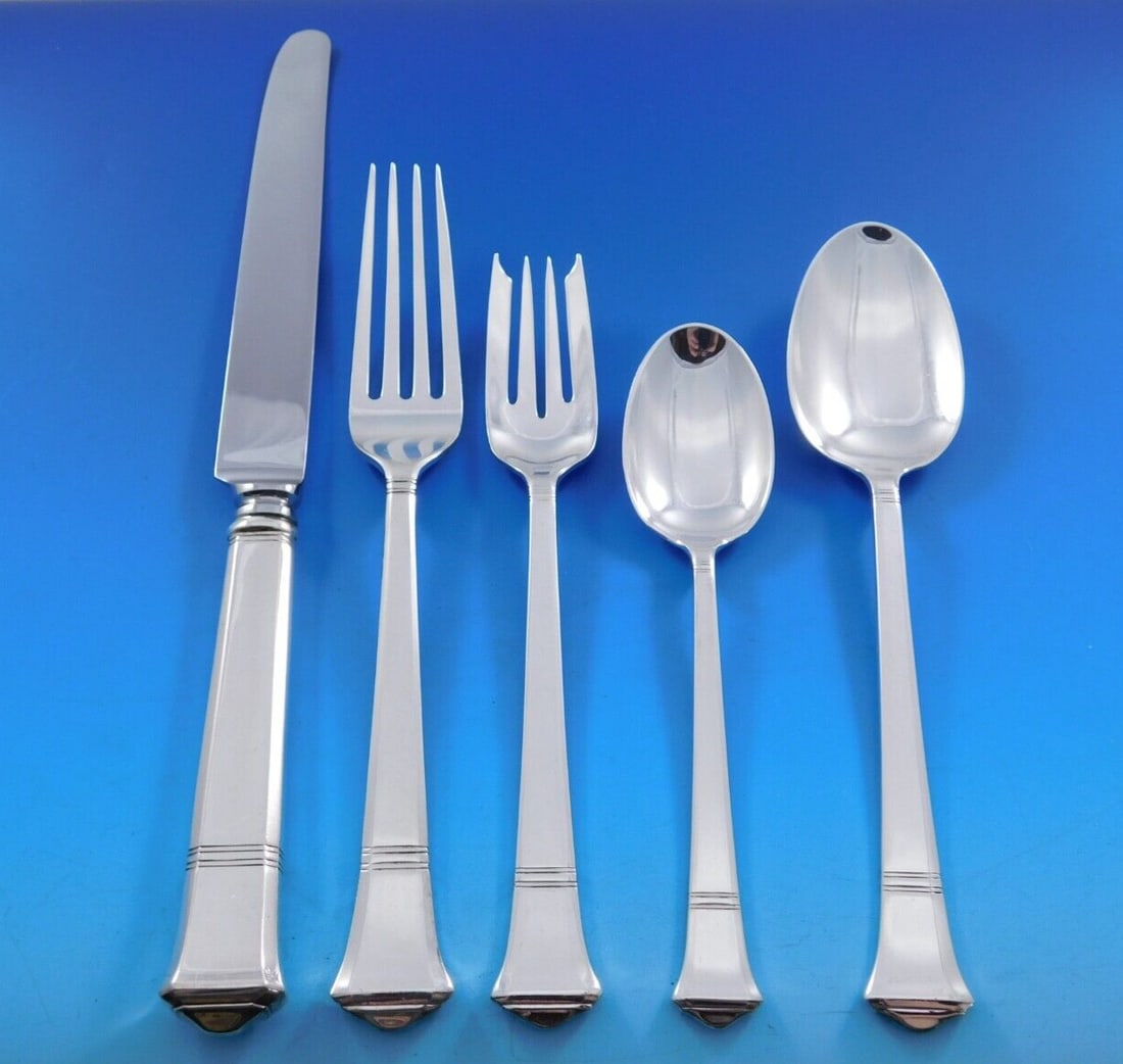Tiffany & Co Windham Sterling Silver Flatware Set 43 pcs Art Deco: Tiffany & Co Windham Sterling Silver Flatware Set 43 pcs Art Deco Experience the elegance of the Windham pattern by Tiffany & Co., a stunning sterling silver flatware service set that embodies the Art