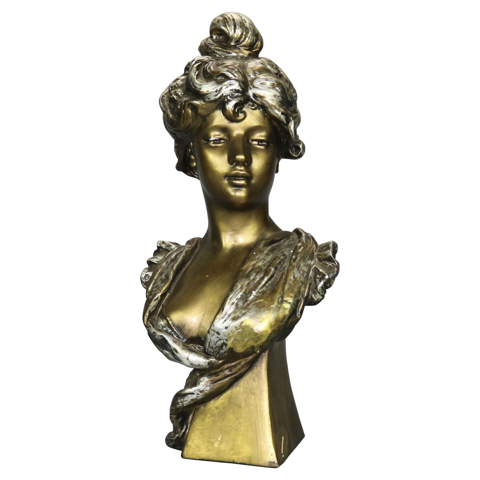 Art Nouveau Gilt Plaster Bust Sculpture Woman C1910 France 23.5": Art Nouveau Gilt Plaster Bust Sculpture Woman C1910 France 23.5" This exquisite antique Art Nouveau gilt plaster portrait bust sculpture of a woman, crafted circa 1910, showcases the elegance and intr