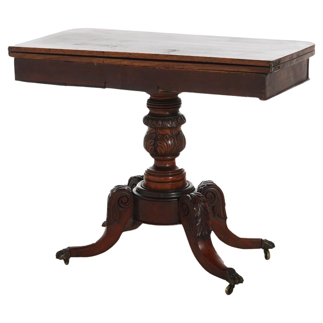 Antique Duncan Phyfe Style Mahogany Card Table C1830 with Acanthus Carvings (1 of 14)