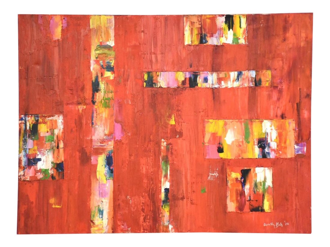 Vibrant Red Abstract Acrylic Canvas Painting 2006 Signed (1 of 7)