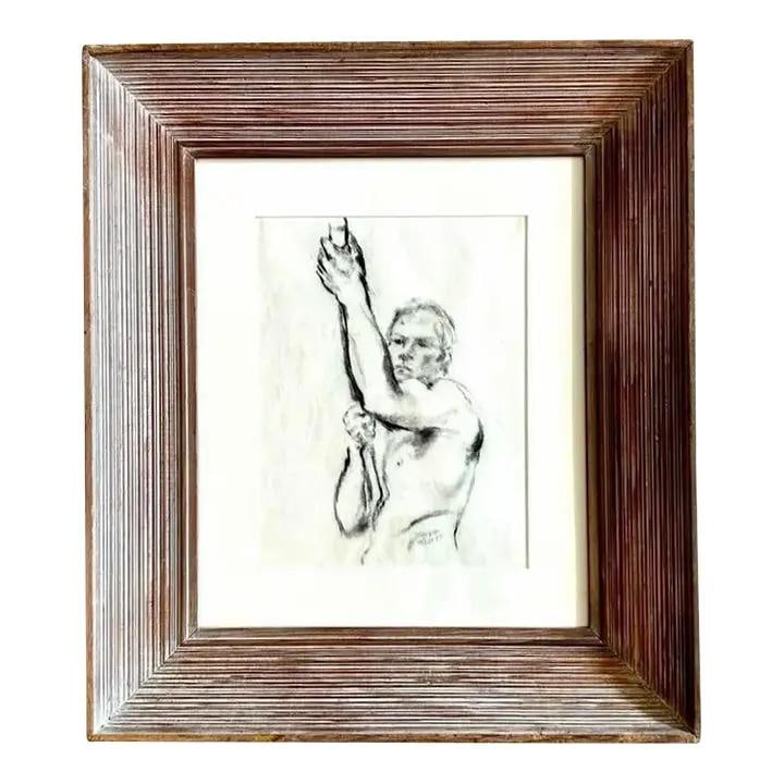 Framed Charcoal Nude Sketch in Wooden Frame Vintage Art (1 of 5)