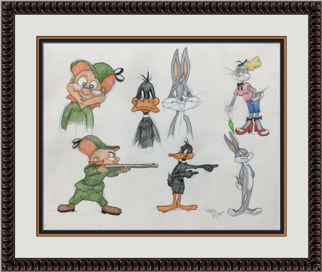 Virgil Ross Signed Looney Tunes Model Sheet Custom Framed Artwork: Virgil Ross Signed Looney Tunes Model Sheet Custom Framed Artwork This original model sheet drawing features iconic characters from the Looney Tunes franchise, illustrated by legendary animator Virgil