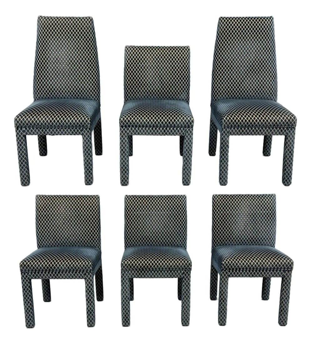 Mid Century Modern Parsons Dining Chairs Set of 6 Navy Gold Velvet: Mid Century Modern Parsons Dining Chairs Set of 6 Navy Gold Velvet Elevate your dining experience with this stunning set of six mid-century modern Parsons dining chairs, designed by Milo Baughman or P