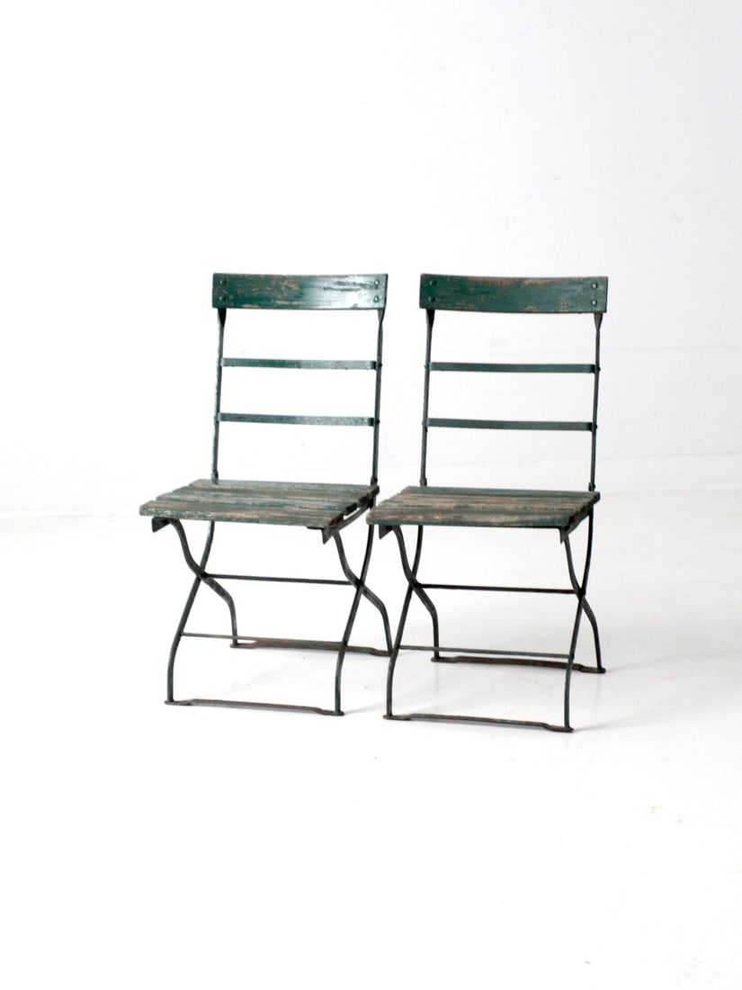 Rustic Antique Wrought Iron Folding Chairs Pair with Slat Wood Seats (1 of 12)
