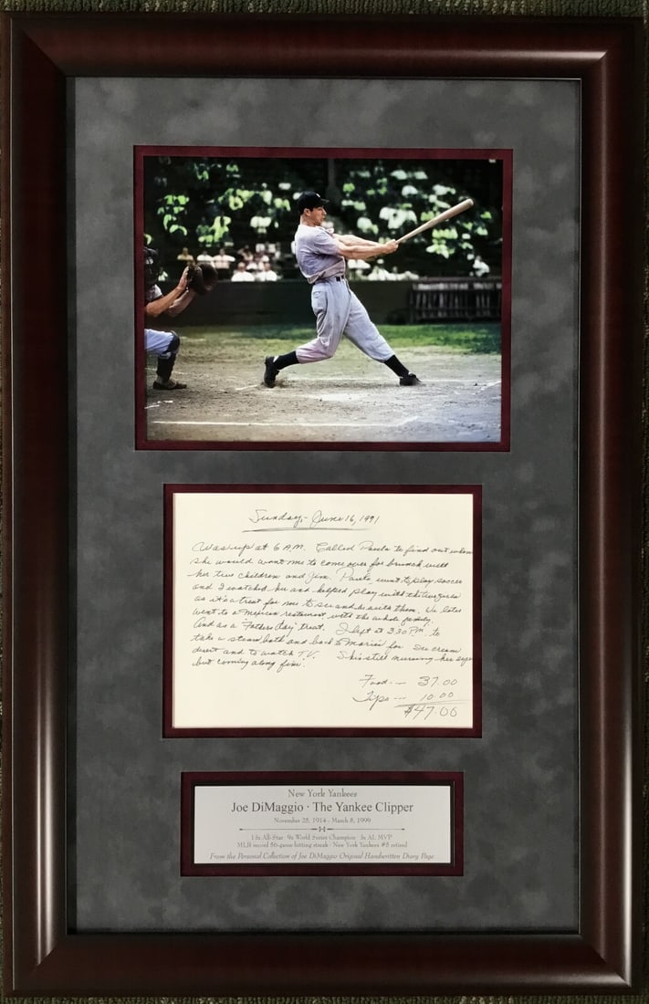 Joe DiMaggio Handwritten Diary Page Custom Framed Steiner Authenticated: Joe DiMaggio Handwritten Diary Page Custom Framed Steiner Authenticated This exceptional item features an original handwritten diary page from the legendary baseball player Joe DiMaggio, a treasured p
