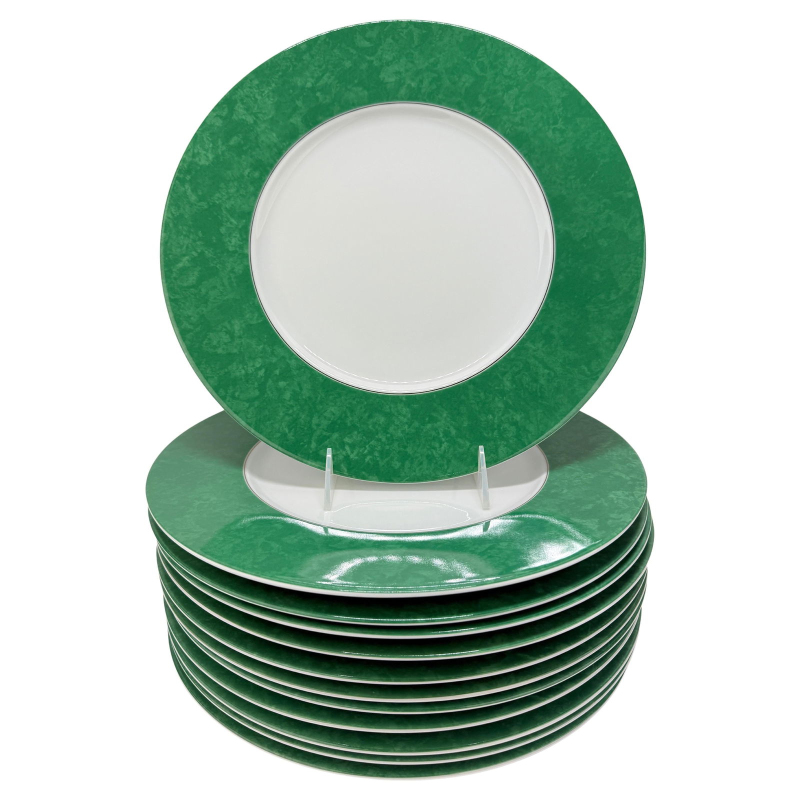 12 Christofle Micro-Gold Faux Malachite Porcelain Chargers 12.625": 12 Christofle Micro-Gold Faux Malachite Porcelain Chargers 12.625" Elevate your dining experience with this exquisite set of twelve Christofle "Micro-Gold" faux malachite porcelain chargers. Each char