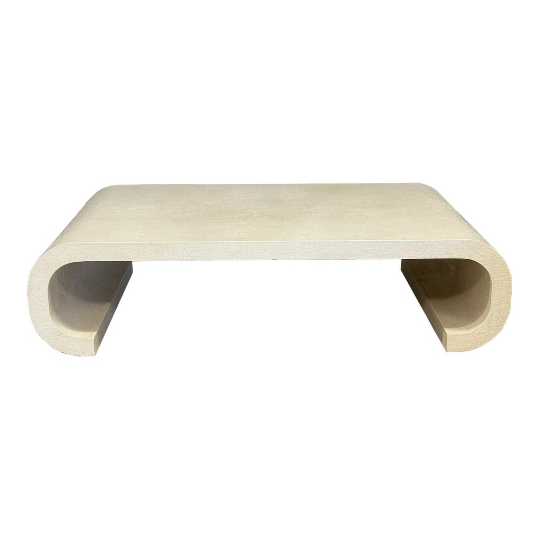1980s Karl Springer Inspired White Grass Cloth Coffee Table: 1980s Karl Springer Inspired White Grass Cloth Coffee Table This stunning post-modern coffee table showcases a white grass cloth finish and features elegant scroll sides, reflecting the iconic style o