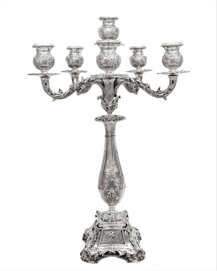 Italian 925 Sterling Silver Six-Light Candelabra with Floral Appliques (1 of 6)