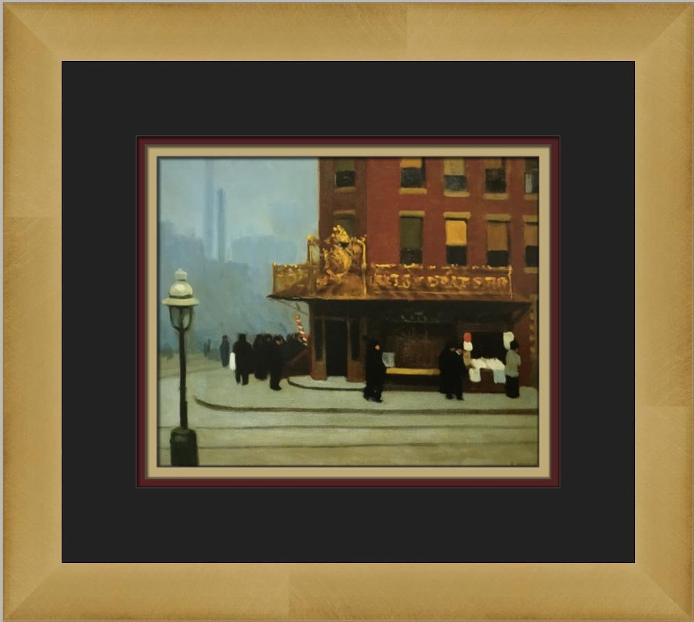 Edward Hopper New York Corner Saloon Custom Framed Art Print: Edward Hopper New York Corner Saloon Custom Framed Art Print This stunning custom framed print titled "New York Corner Saloon" by Edward Hopper captures the essence of figurative art realism. Produced