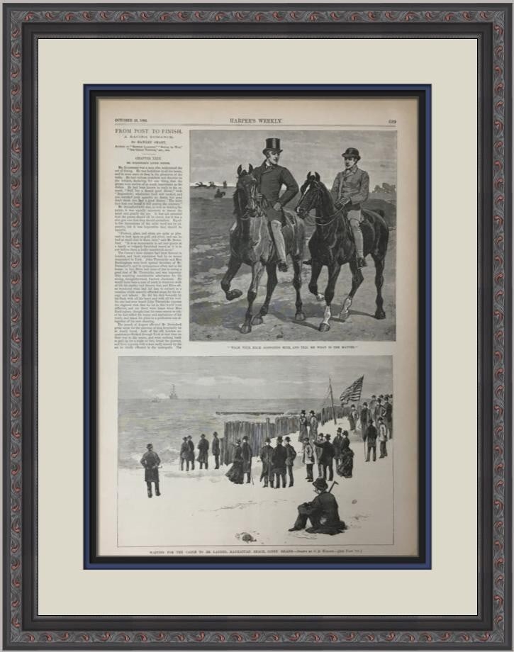 Original 1884 Harper's Weekly Newspaper Manhattan Beach Engraving Custom Frame: Original 1884 Harper's Weekly Newspaper Manhattan Beach Engraving Custom Frame This original 1884 edition of Harper's Weekly features a stunning engraving of Manhattan Beach. It has been custom framed