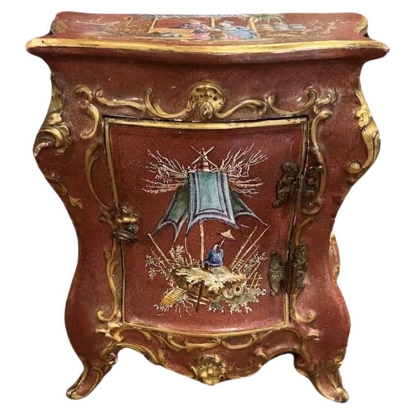 19th Century French Faience Enameled Chinoiserie Cabinet with Gilt Detail: 19th Century French Faience Enameled Chinoiserie Cabinet with Gilt Detail This exquisite 19th Century French Faience Enameled Chinoiserie Table Top Cabinet showcases intricate chinoiserie decoration o