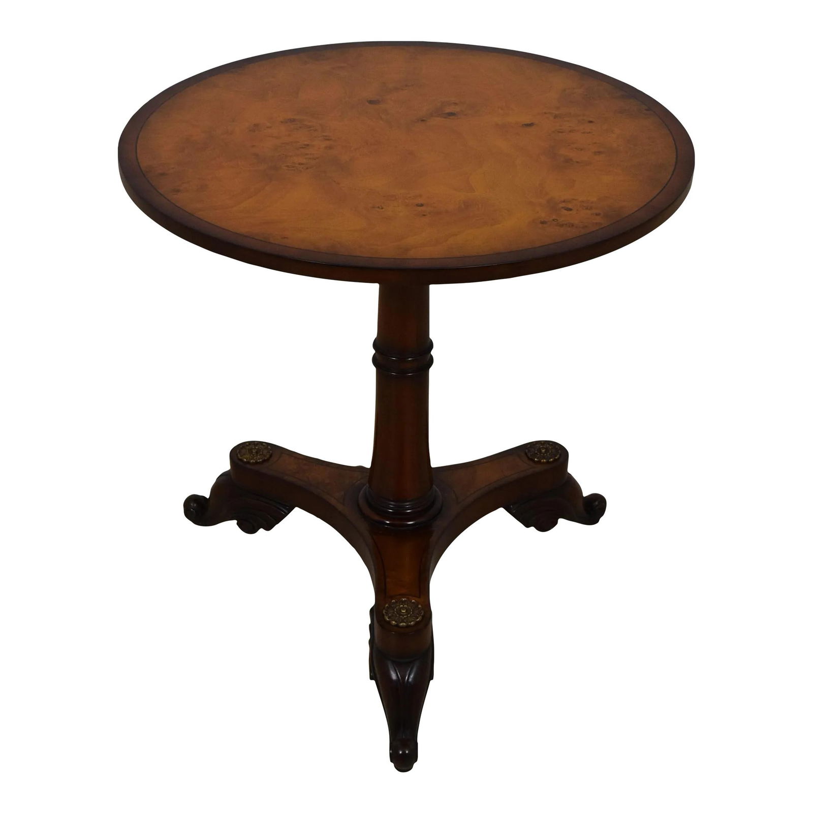 Regency Style Burl Walnut Round Pedestal Table with Brass Ormolu Mounts (1 of 8)