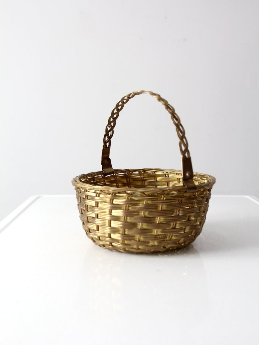 Vintage Solid Brass Woven Basket with Braided Handle (1 of 11)