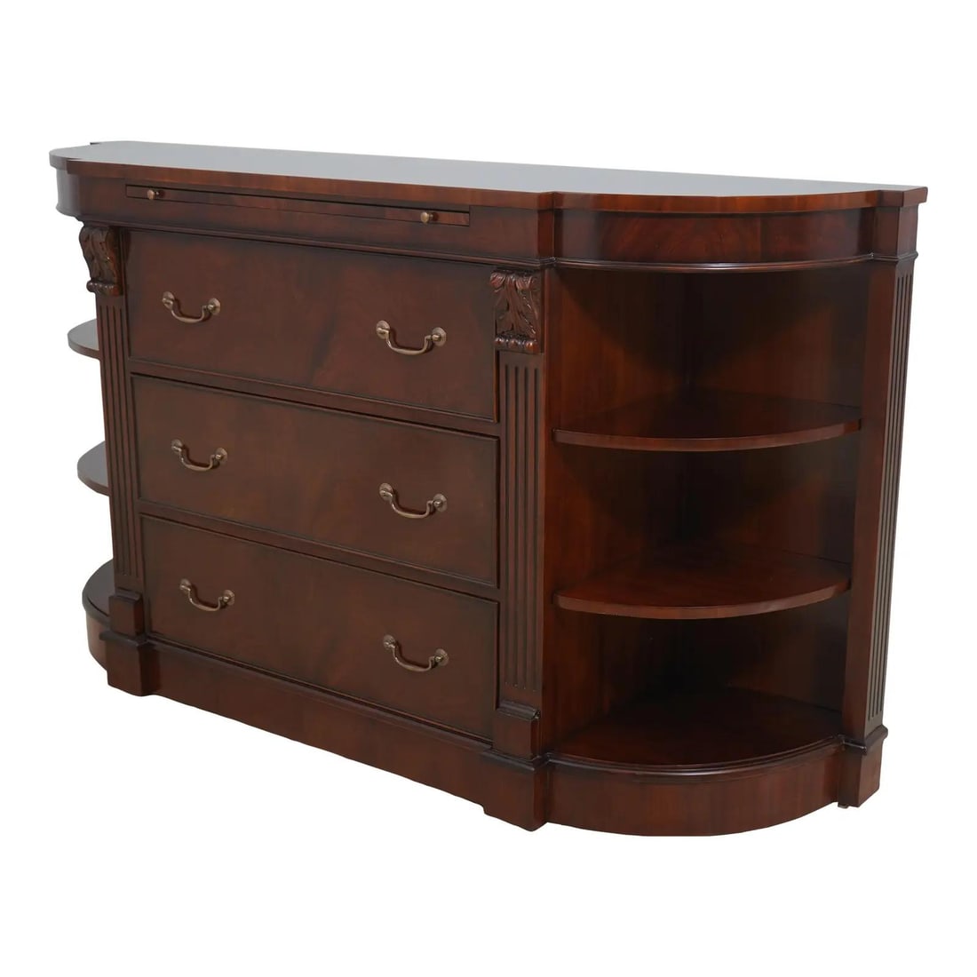 Regency Mahogany Credenza with Bookcase Sides High Quality Construction: Regency Mahogany Credenza with Bookcase Sides High Quality Construction This exquisite Regency Mahogany Credenza features elegant bookcase sides, showcasing high-quality craftsmanship. With dovetailed