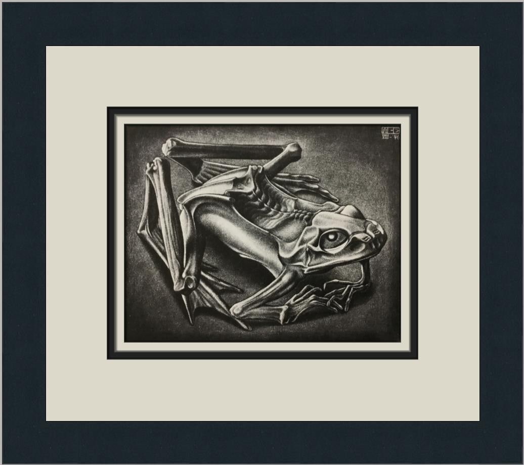 M.C. Escher Mummified Frog Custom Framed Art Print 1974: M.C. Escher Mummified Frog Custom Framed Art Print 1974 Elevate your space with this exquisite custom framed print titled "Mummified Frog" by the renowned artist M.C. Escher. This medium-sized art pie