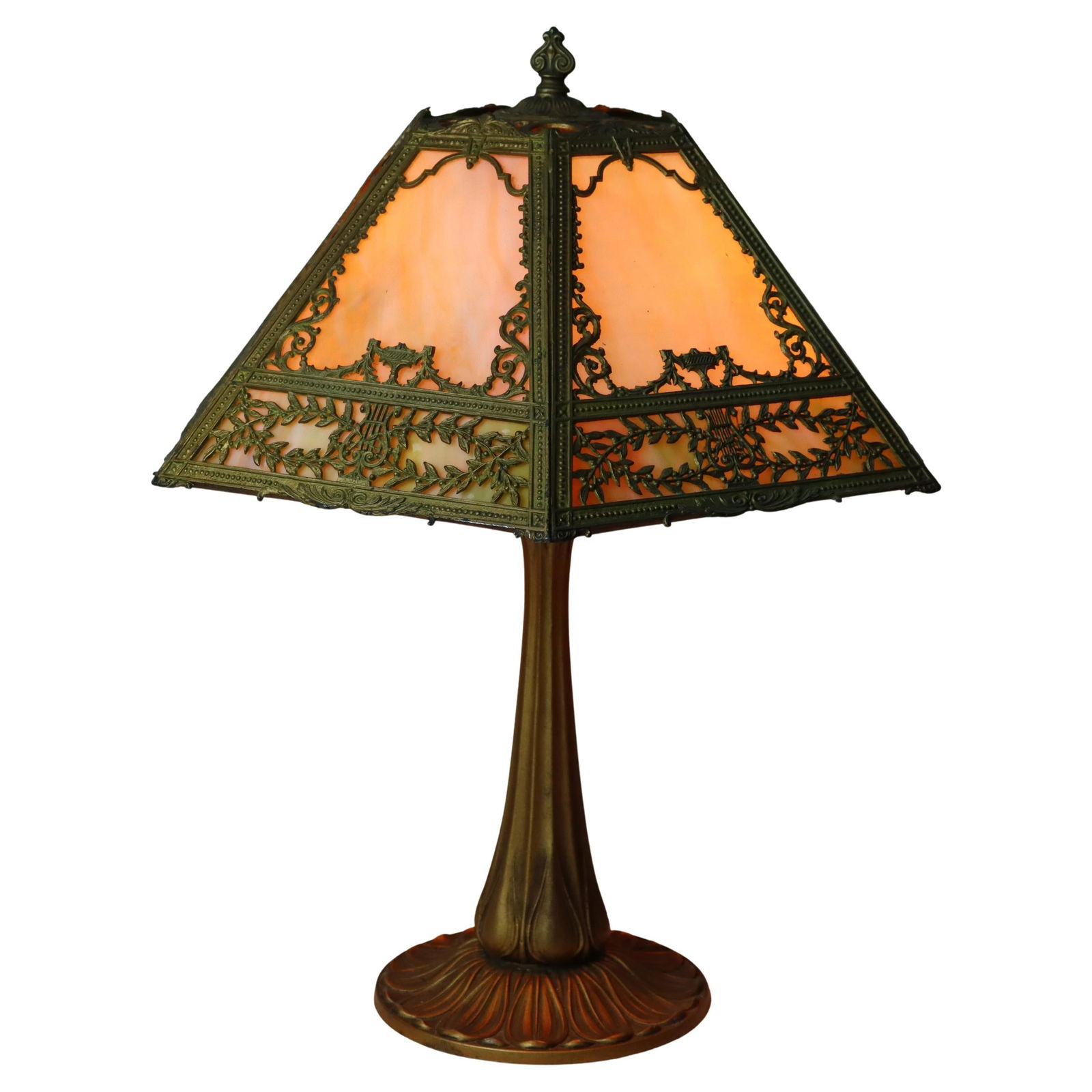 Antique Bradley & Hubbard Arts Crafts Six Panel Slag Glass Lamp C1920 (1 of 6)