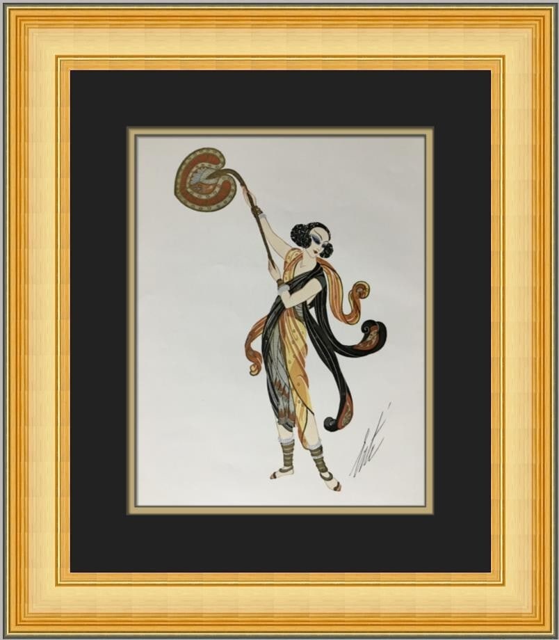 Erte 1979 Art Deco Fan-Bearing Slave Girl Custom Framed Print: Erte 1979 Art Deco Fan-Bearing Slave Girl Custom Framed Print This exquisite custom framed print titled "Fan-Bearing Slave Girl" by the renowned artist Erte is a stunning representation of Art Deco st