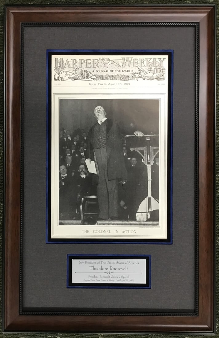 Theodore Roosevelt 1912 Harper's Weekly Cover Custom Framed: Theodore Roosevelt 1912 Harper's Weekly Cover Custom Framed This is an original 1912 cover of Harper's Weekly featuring President Theodore Roosevelt, a significant piece of American political history.