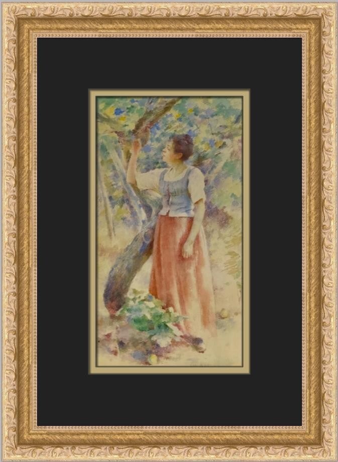 Theodore Robinson Girl in the Orchard Custom Framed Art Print: Theodore Robinson Girl in the Orchard Custom Framed Art Print This exquisite custom framed print titled "Girl in the Orchard" by Theodore Robinson showcases a beautiful blend of Expressionism and Impr