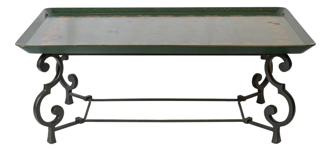 Maison Ramsay Early 20th Century Green Tole Tray Coffee Table: Maison Ramsay Early 20th Century Green Tole Tray Coffee Table This exquisite coffee table features an early 20th-century Italian wood tole tray top resting on a scrolled wrought iron base. The hand-pa