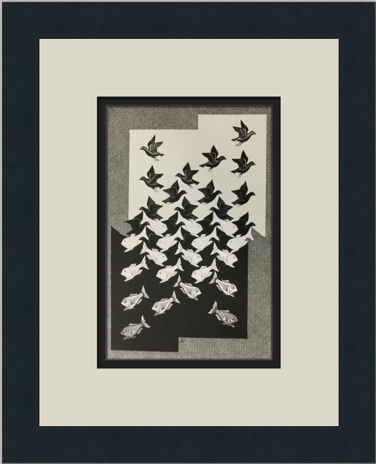 M.C. Escher Sky and Water II Custom Framed Print 14 x 11 Abstract Art: M.C. Escher Sky and Water II Custom Framed Print 14 x 11 Abstract Art This custom framed print titled "Sky and Water II" by renowned artist M.C. Escher showcases a captivating blend of abstract constr