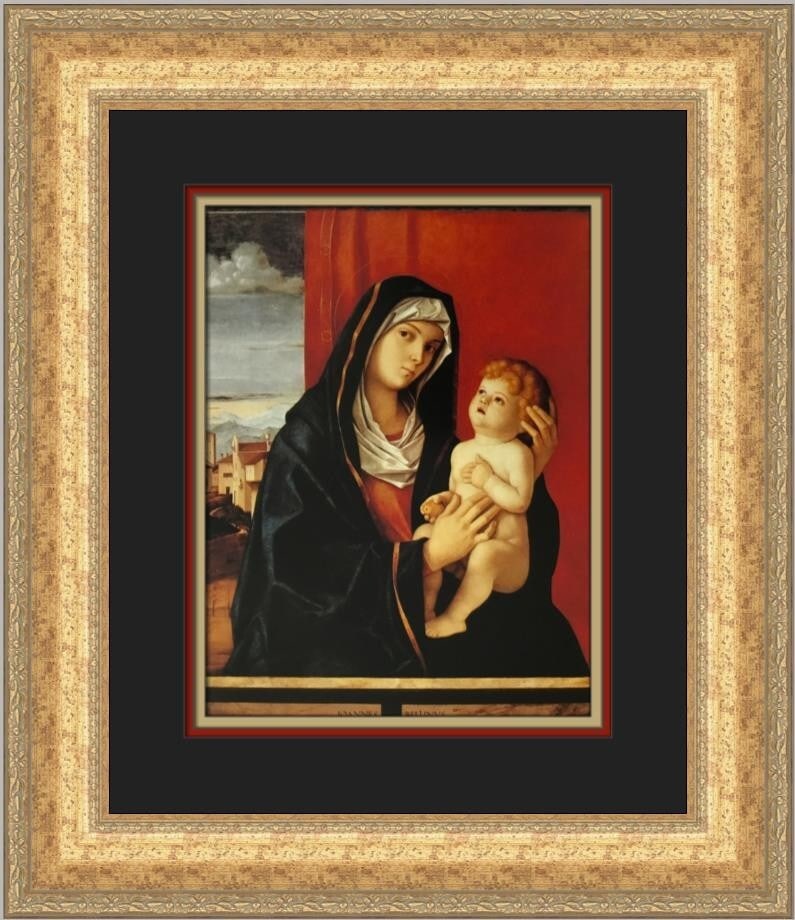 Giovanni Bellini Madonna and Child Custom Framed Art Print 1981: Giovanni Bellini Madonna and Child Custom Framed Art Print 1981 This exquisite custom framed print features Giovanni Bellini's iconic artwork, "Madonna and Child." Measuring 19 in. height by 17 in. wi