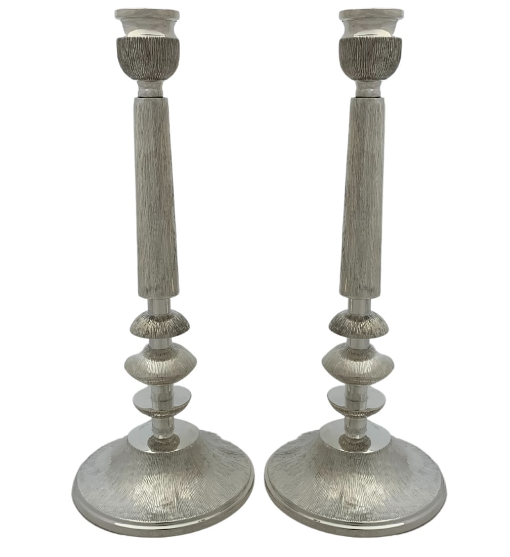 Handmade 925 Sterling Silver Modern Round Candlesticks with Striated Texture: Handmade 925 Sterling Silver Modern Round Candlesticks with Striated Texture Elevate your home decor with these exquisite handmade modern round candlesticks crafted from fine 925 sterling silver. Desi