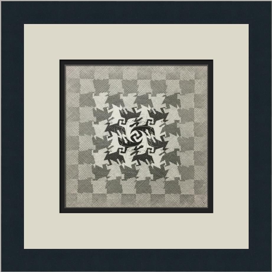M.C. Escher Development I Custom Framed Lithograph Print 1974: M.C. Escher Development I Custom Framed Lithograph Print 1974 This stunning custom framed print titled 'Development I' by renowned artist M.C. Escher showcases a captivating blend of abstract construc
